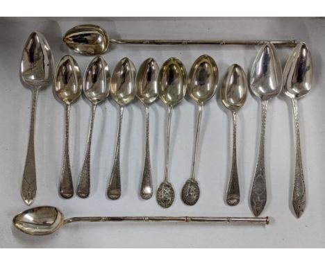Mixed silver and white metal spoons to include sterling silver teaspoons engraved with initials, 164.8g Location:If there is 