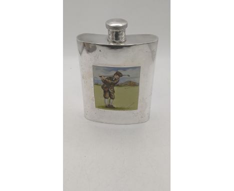 A sterling silver and enamel hip flask depicting a gentleman playing a game of golf, 140.8gLocation:If there is no condition 