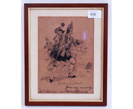 An original Edwardian pen & ink military sketch by Horace B. Dimmicliff  titled 'When Grenadiers were Grenadiers'. Dated 25th