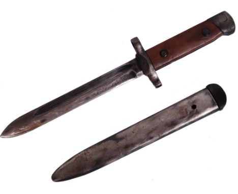 A presumed Italian Beretta bayonet. Within the original cup-end scabbard. Various numbers and obscured marks to the handle. W