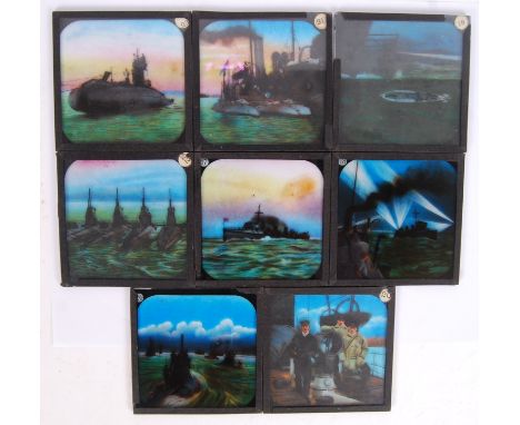 A collection of 8x original vintage WWI First World War coloured lantern slides of scenes to include; ships & submarines sail