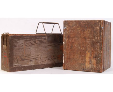 Two vintage military related wooden ammunition / carry cases. The first being a RASC 1945 dated wooden case, the other likely