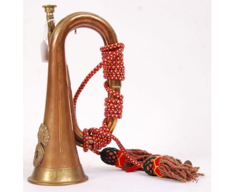 An original WWII Second World War 23rd Royal Welsh Fusiliers copper & brass ceremonial bugle bearing the fusilier badge & dec