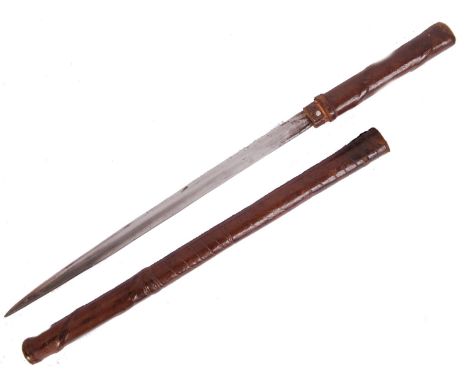 An original 20th century Japanese swagger walking stick cane, with leather handle, elongated blade & scabbard. Measures appro