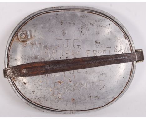 An original WWI First World War soldiers' personal mess / food tin canteen. Crudely engraved to the front with the name and r