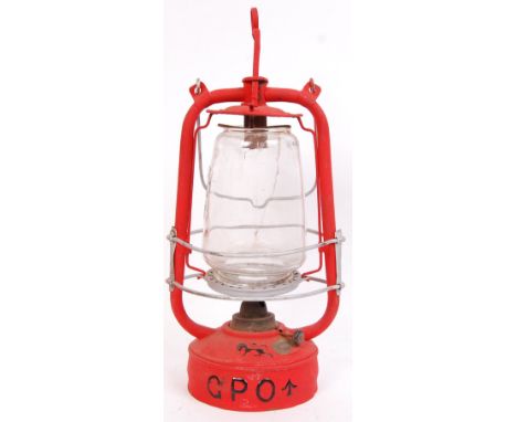 A vintage 20th century GPO General Post Office lamp with by A.W Sanderson Birmingham, 1933. Painted red & glass intact. Measu