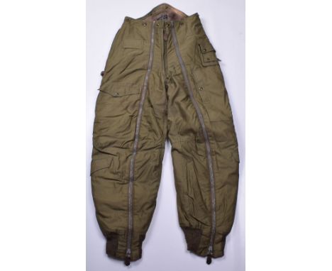 WW2 US Army Air Force Type A11-A Flying Trousers, heavy green canvas trousers with fur lining. Front full length zippers and 