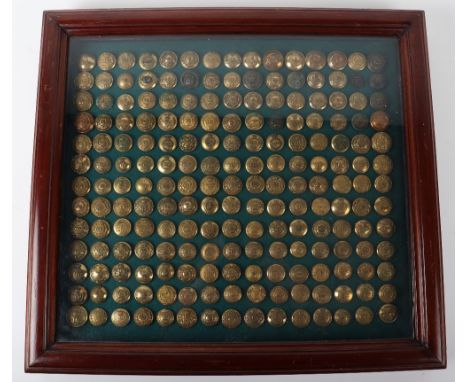 Framed Display of Mostly Victorian Indian Army Officers Tunic Buttons, fine condition examples for various regiments, mostly 