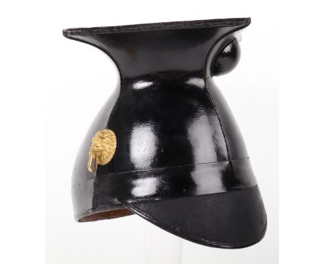 Rare Victorian Foul Weather Officers Lance Cap, light weight black leather covered helmet having gilt metal lion head side bo