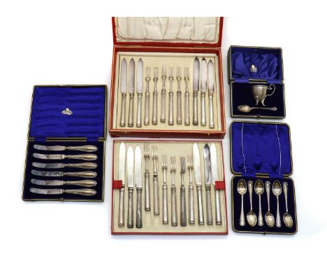 A collection of cased silver flatware, comprising a set of twelve fish knives and forks, by Thomas Bradbury &amp; Sons Ltd, S