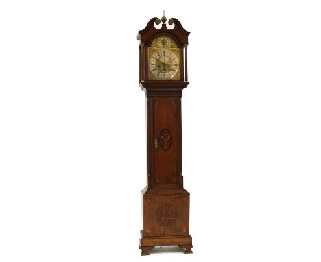 An oak and marquetry longcase clock,early 19th century and later, the hood with a swan neck pediment and fluted pilasters, en