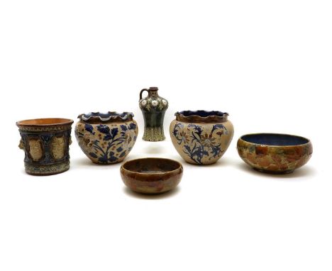 A collection of Royal Doulton stoneware, late 18th to early 19th century, comprising two 'Autumn Leaves' pattern bowls, 23cm 