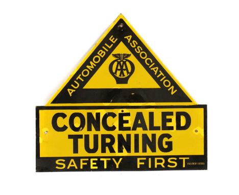 An enamel AA Automobile Association sign,'Concealed Turning Safety First', in a yellow and black finish, marked Franco Signs,