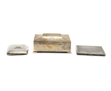 A silver cigarette box, marks rubbed, probably early 20th century, the hinged cover engraved with Northumberland Fusiliers cr