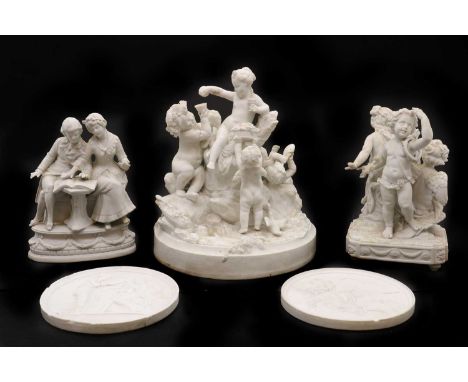 A Parian ware figure group,19th century, depicting cherubs offering and drinking wine to a central female figure, marked Terr