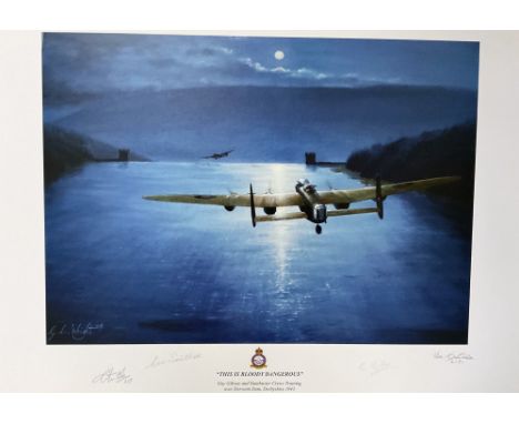 G L Wright Multi Signed RAF Colour 23x17 Print Titled This is Bloody Dangerous Hand signed in pencil by Dambuster Pilots Ken 