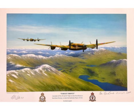 WW2 Keith Aspinall Multi Signed Colour 16x12 Print Titled Target Tirpitz. Hand signed in pencil by Colin Cole, Ken Jenkinson.