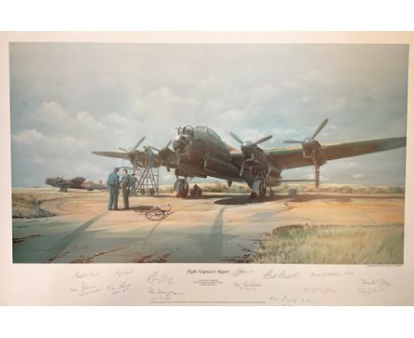 WW2. Maurice Gardner Multi Signed Colour 27x18 Print Titled Flight Engineers Report. Personally Signed in pencil by Grant McD