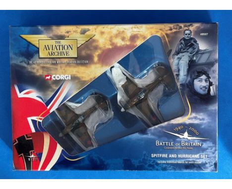 Corgi Models. Battle of Britain Spitfire and Hurricane Die Cast Metal Plane Set. Housed in The Aviation Archive Original Box.