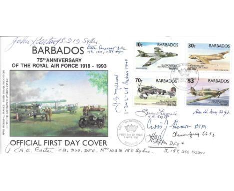 75th Anniv RAF Ascension Island FDC Signed 9 Battle of Britain Pilots crew WRAF1 April 1993 +Barbados First Day of Issue post
