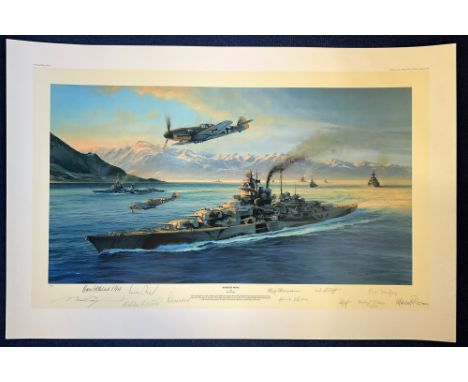 WW2. Robert Taylor Colour 36x26 Print Titled Knights Move. Limited Edition 10/100. Personally signed by 11 German Fighter Ace