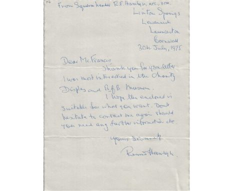 WW2 Sgt. R F Hamlyn Battle of Britain Pilot Hand signed, Handwritten Letter Dated 30th July 1975, letter gives reference to d