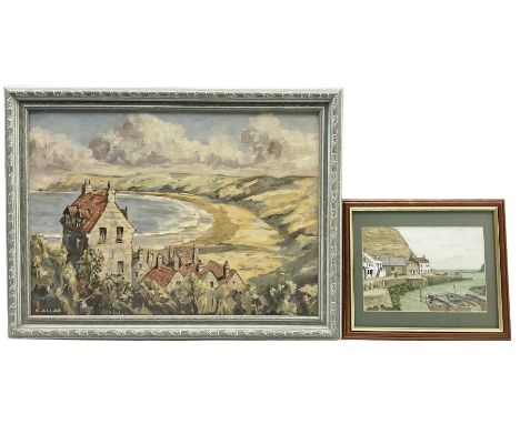 K Allan (British 20th century): Runswick Bay, oil on board signed together M Pearce (British 20th century): Staithes, waterco