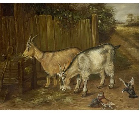 Vincent Hunter (20th century): Goats and Pigeons, oil on panel signed 19cm x 24cm 