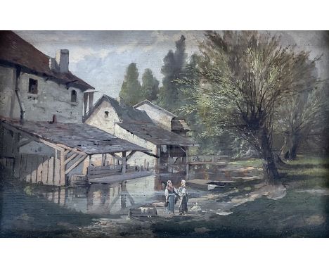 English School (19th century): Figures in Farm Landscape, oil on panel indistinctly signed dated '75, in gilt frame 16cm x 26