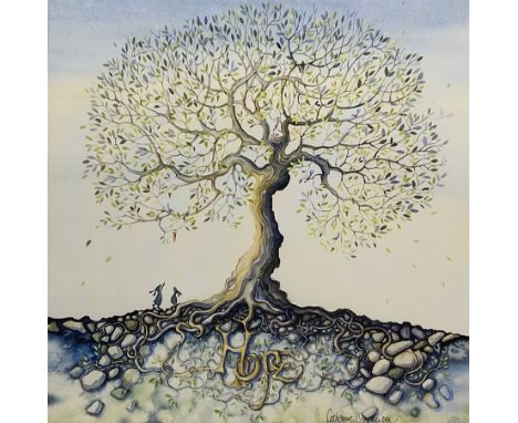 After Catherine Stephenson (Yorkshire contemporary): 'Rooted Hope', textured print on canvas 80cm x 80cm 