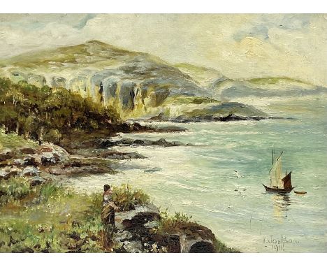 T Joelson (British early 20th century): Coastal Seascape with Figure and Sailing Boat, oil on canvas signed and dated 1911, 3