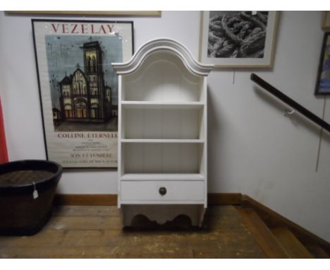 *French inspired, solid Mango wood shelf unit. Hand painted in off white colour with 2 internal shelves and single drawer. De