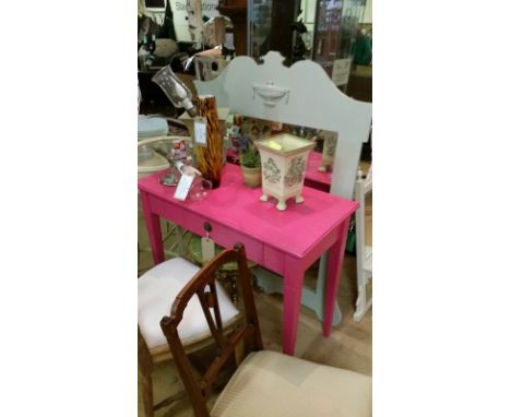 *Striking, hand painted pink console table. Solid Mango wood with single drawer. Item measures approx: 91cm wide, 48cm deep, 