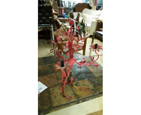Red metal electric chandelier (untested) - the first of two of these in this sale - this is a THREE arm chandelier approx 60c