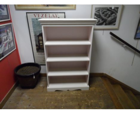 *Solid Mango wood bookcase, handpainted in off white with 3 internal shelves. Decorative detail to base. Item measures approx