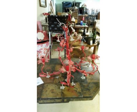 Red metal electric chandelier (untested) - the second of two of these in this sale - this is a FIVE arm chandelier approx 60c