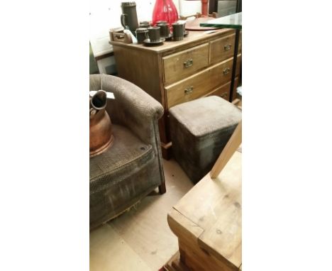 Two grey fabric tub chairs with one matching footstool, wear and splits in fabric, as found, photo's show chairs from group w