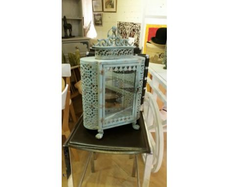 French style lantern in distressed blue metal, pierced casket, measures approx 48cm high, 31 cm wide, 18 cm deep *this item w