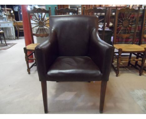 3 dark brown leather chairs with arms, one in good order, two as found. 60cm wide, 92 cm high, 46 cm seat depth *This lot wil