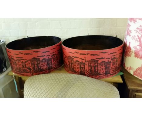 Two large retro cityscape (Venice) light shades, 50cm diam, 22cm deep, reflective inside lining