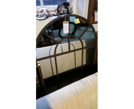 Large distressed metal framed mirror, arched top, approx 110cm high, 80 cm wide (indoor use). *this item will have VAT added 