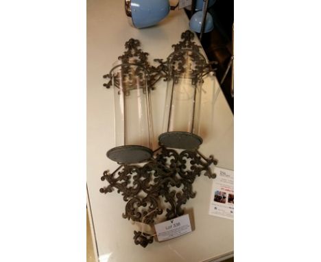 Pair of antique style metal and glass wall-mounted storm lights for candles, approx 80cm high. 25 cm wide, 16 cm deep *This l