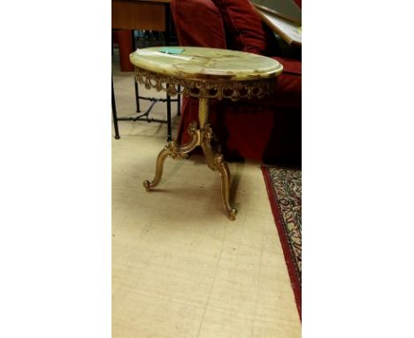 Vintage Onyx circular side table on highly decorative and ornate base. Measures approx: 44cm diameter, 45cm high