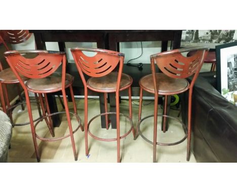 3 vintage red metal diner stools, tall bar stool style, with cut out detail to backrests. 41cm seat diam, 75cm seat height, 1