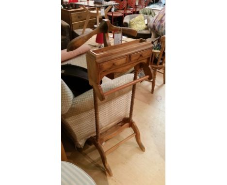 Vintage, solid wood, Gentleman's garment rail. Twist detail to legs with top tray and 2 small drawers. Item measures approx: 