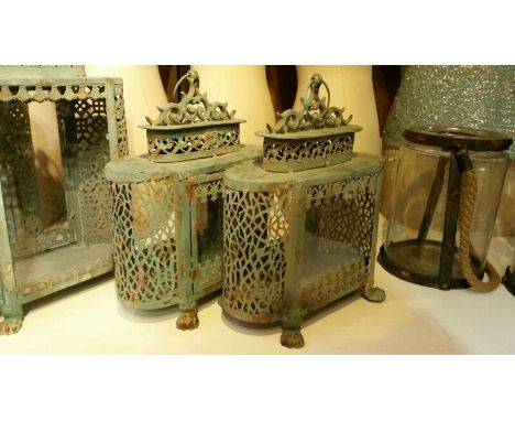 Pair of small French style lanterns in distressed blue metal, pierced casket, measures approx 31cm high, 36 cm wide, 18 cm de