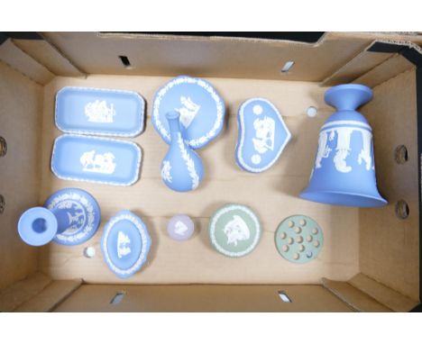 A collection of Wedgwood Jasperware including: vases, lidded boxes, pin dishes, small Lilac lidded box &amp; similar green it