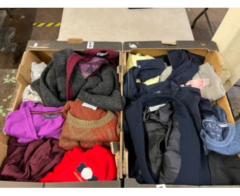 Two trays of assorted mens/ladies designer vintage/used clothing to include: Armani tops, Conte of Florence, Benetton etc (2 