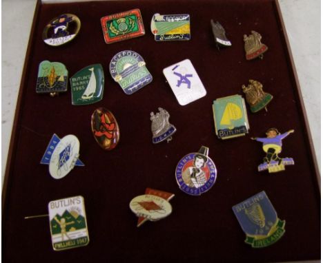 A collection of 'Butlins' pin badges: mixture of vintage and reproduction in Butlins case. 
