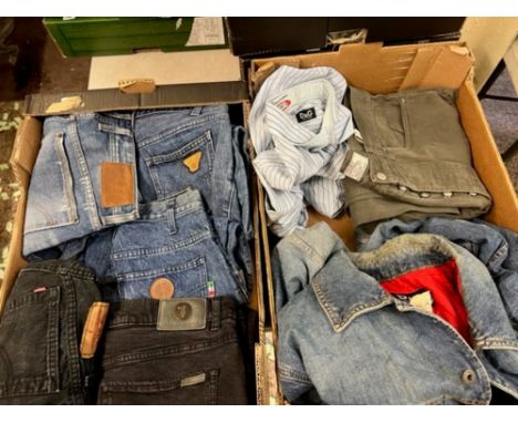 Two trays of assorted mens designer vintage/used clothing to include: Armani, D&amp;G, Levis etc (2 trays).